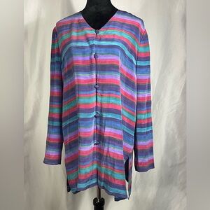 Talbots 100% Silk Button Up Blouse Blue Purple Red Striped Holiday Top Sz 12